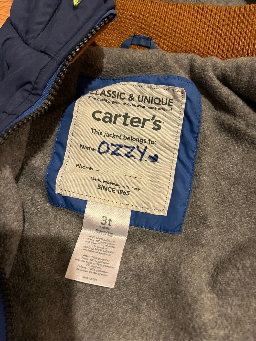 Carter's Two-Tone Navy and Royal Blue Hooded Puffer Jacket with Neon Accents